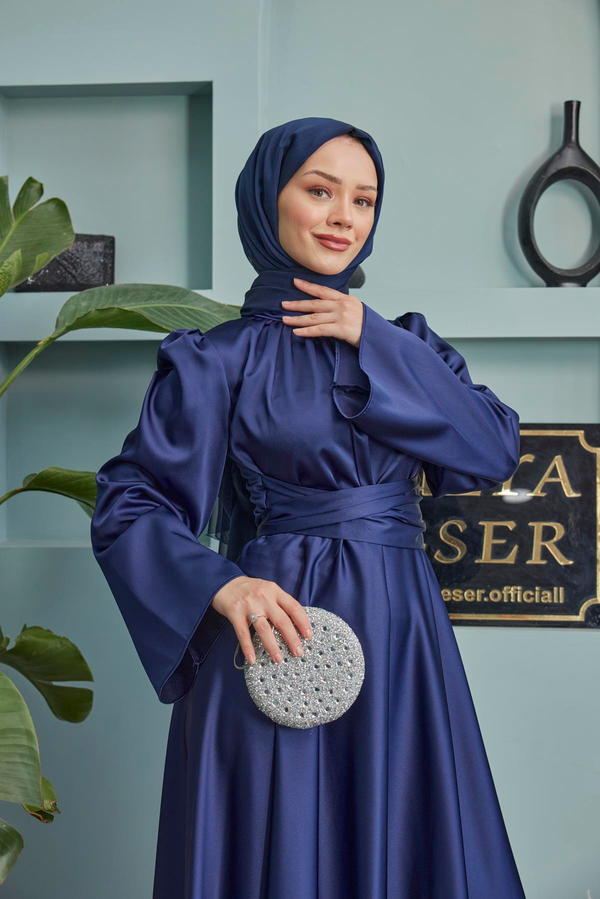 Kuşak Detaylı Saten Abiye - Lacivert