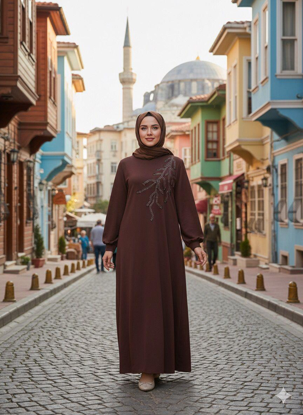 Makruba Taş Baskı Elbise - Kahverengi