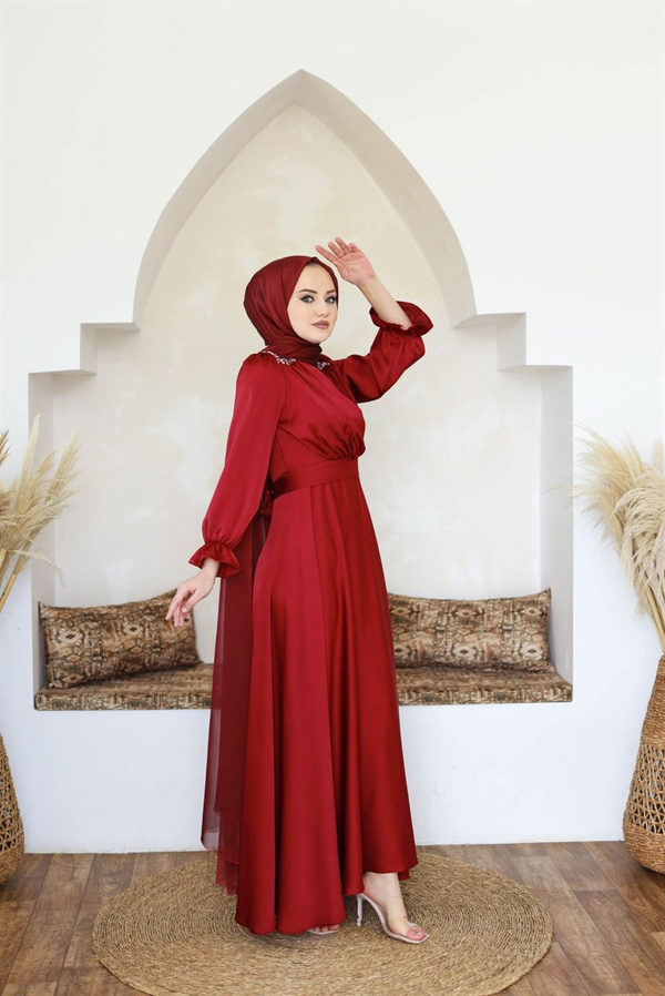 Nergis Kobe Kumaş Abiye - Bordo