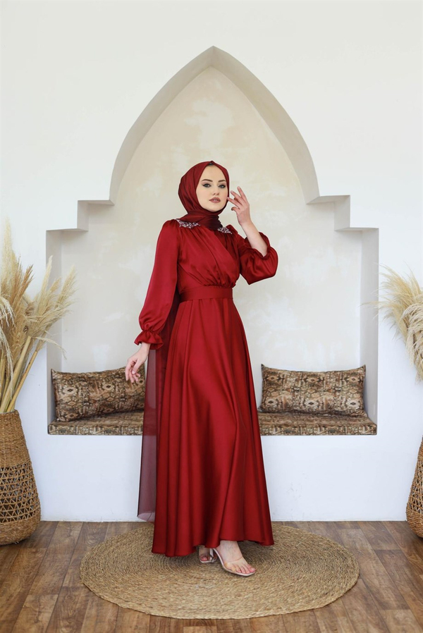Nergis Kobe Kumaş Abiye - Bordo