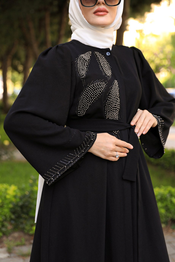 Omuz Bel Taşlı Abaya - Siyah