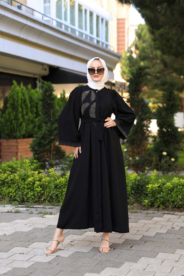 Omuz Bel Taşlı Abaya - Siyah