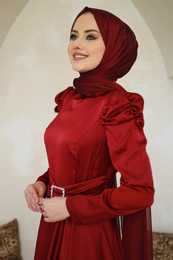 Omuz Büzgü Abiye - Bordo