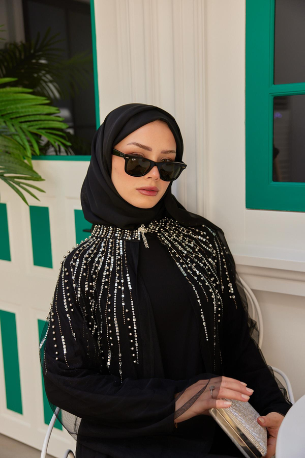 Omzu Taş Süslemeli Abaya - Siyah