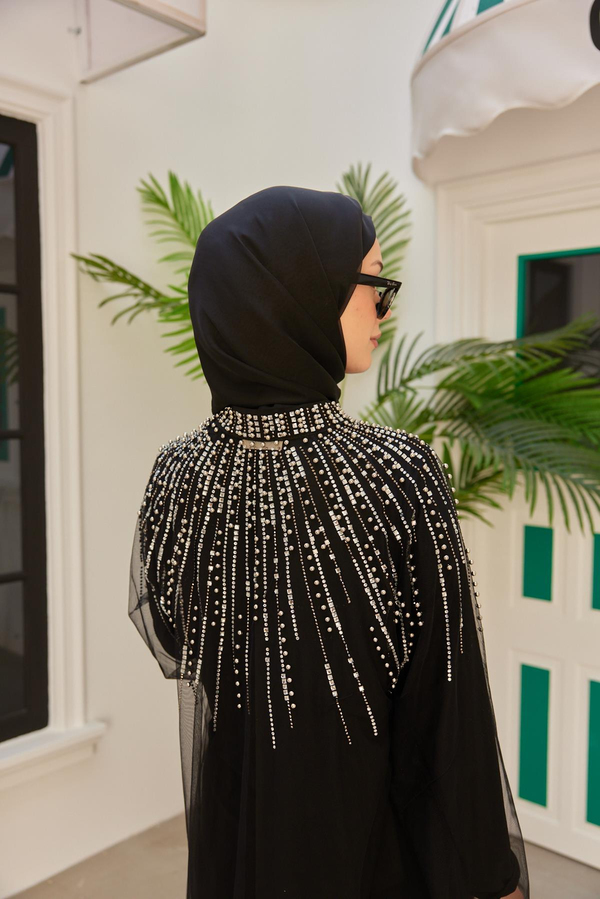 Omzu Taş Süslemeli Abaya - Siyah