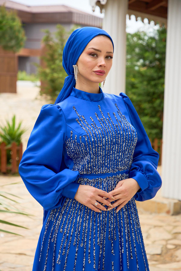 Önü Düz Çizgi Taşlı Elbise - Saks Mavi