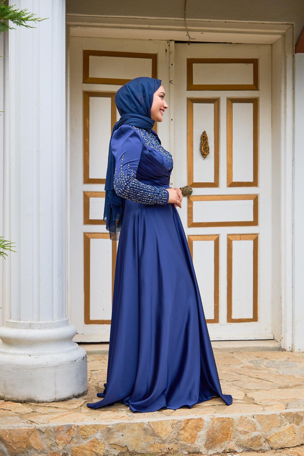 Önü ve Kolları Taşlı Abiye - Lacivert