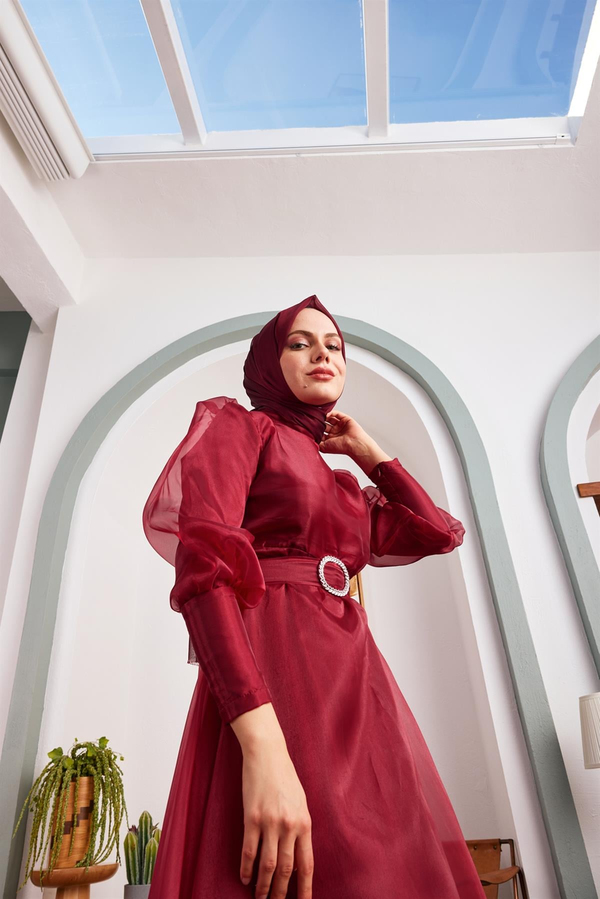 Organze Balon Kol Elbise - Bordo