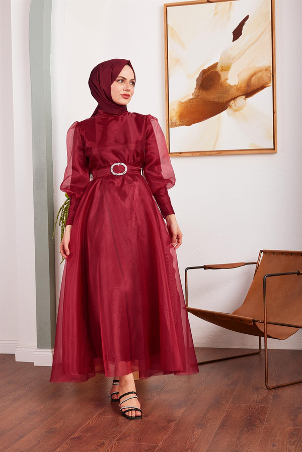 Organze Balon Kol Elbise - Bordo