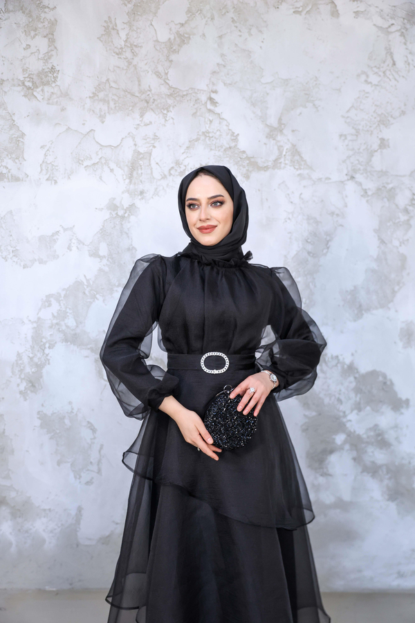 Organze Kat Kat Abiye - Siyah