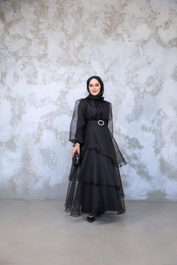 Organze Kat Kat Abiye - Siyah