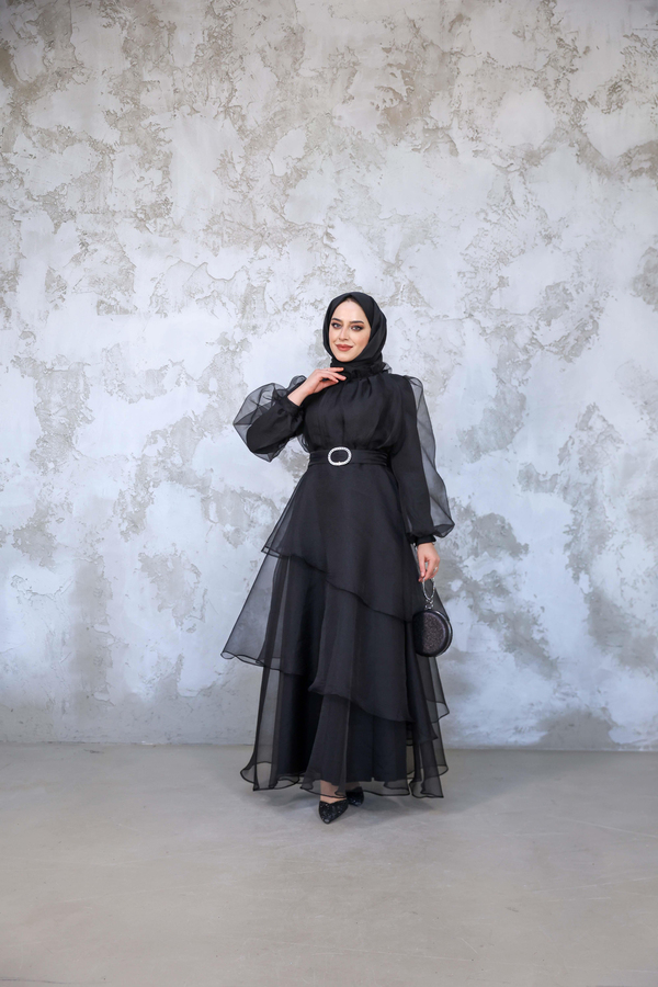 Organze Kat Kat Abiye - Siyah