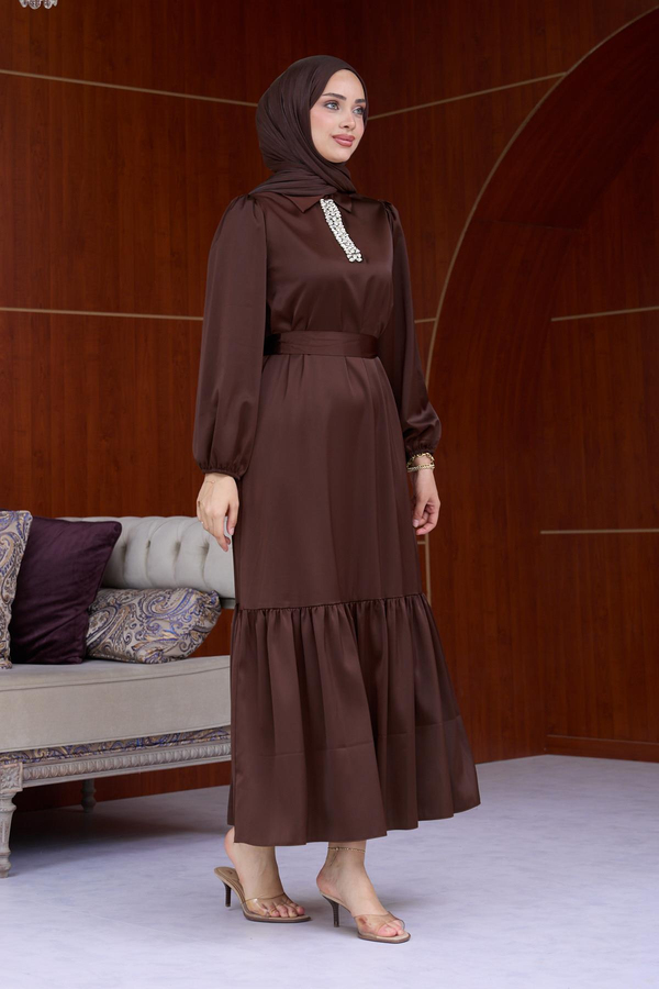 Özün Stone Detailed Evening Dress - Brown