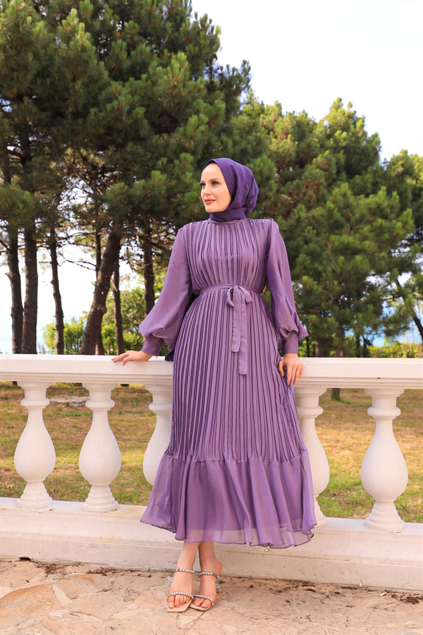 Sleeve Balloon Detailed Pleated Dressy - Lilac