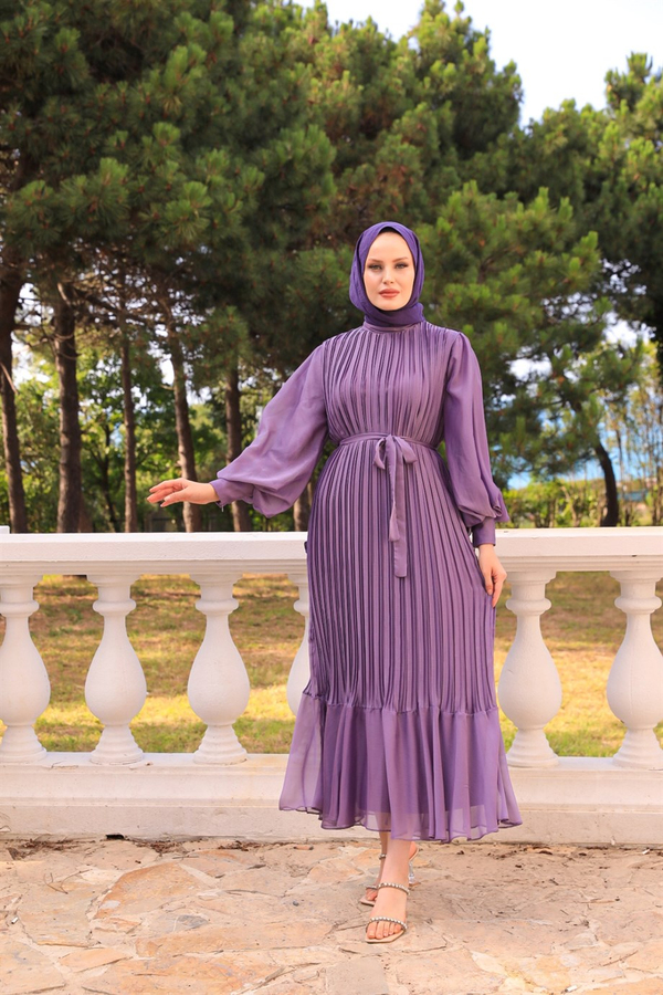 Sleeve Balloon Detailed Pleated Dressy - Lilac