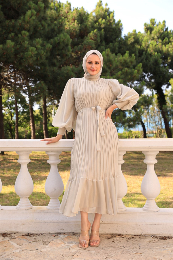 Sleeve Balloon Detailed Pleated Dressy - Mink