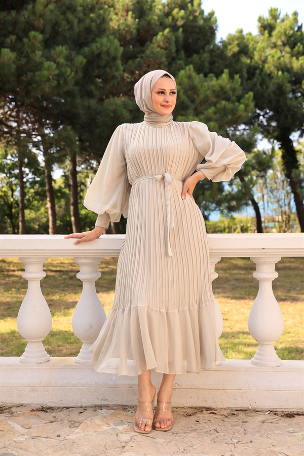Sleeve Balloon Detailed Pleated Dressy - Mink