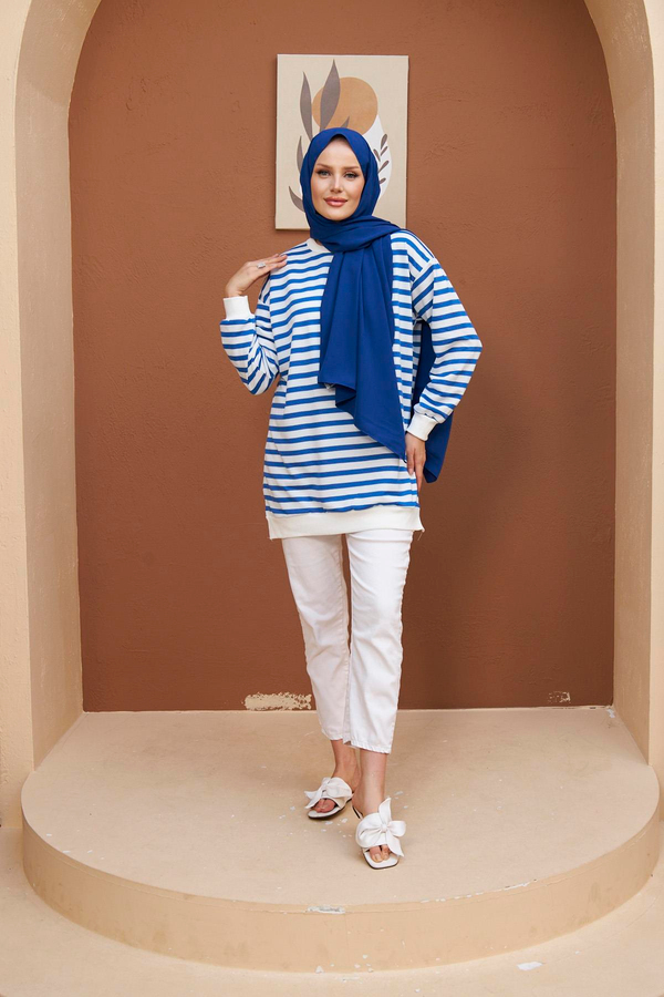 Renkli Sweatshirt - Saks Mavi