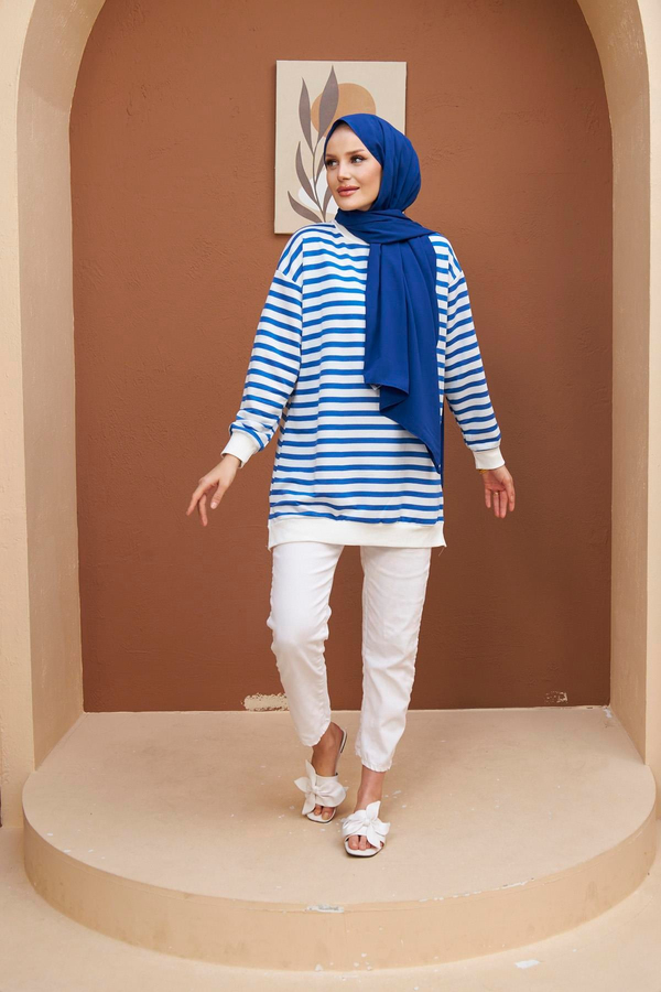 Renkli Sweatshirt - Saks Mavi