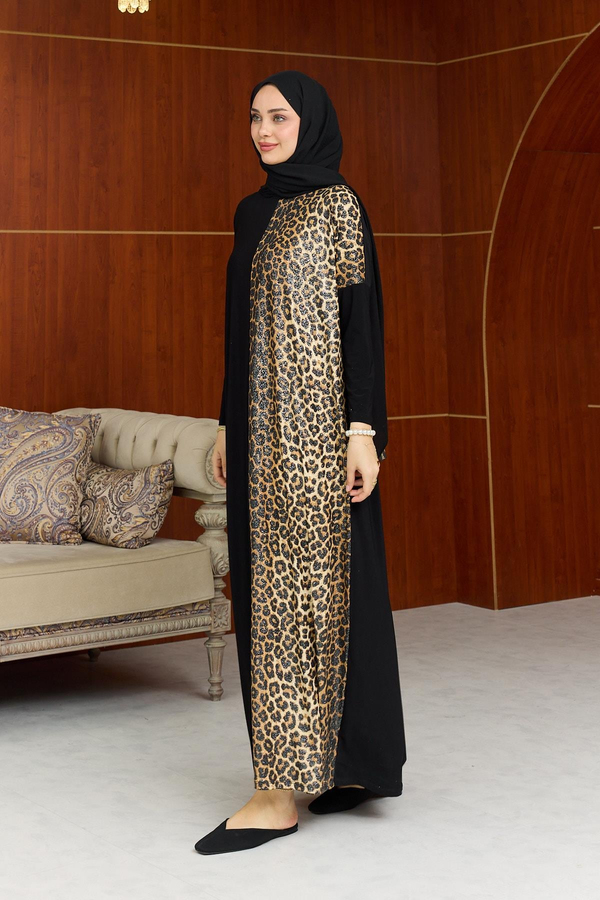 Sandy Leopar Detay Elbise - Siyah
