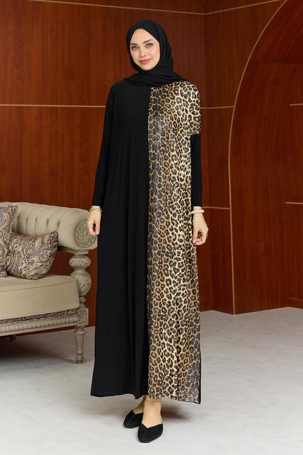 Sandy Leopar Detay Elbise - Siyah