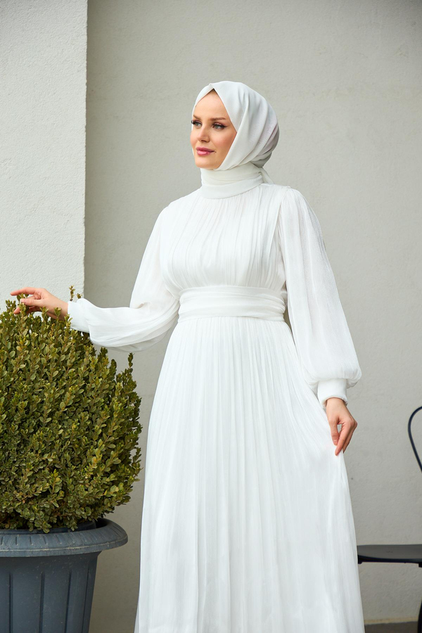 Saye Belden Bağlamalı Abiye - Beyaz