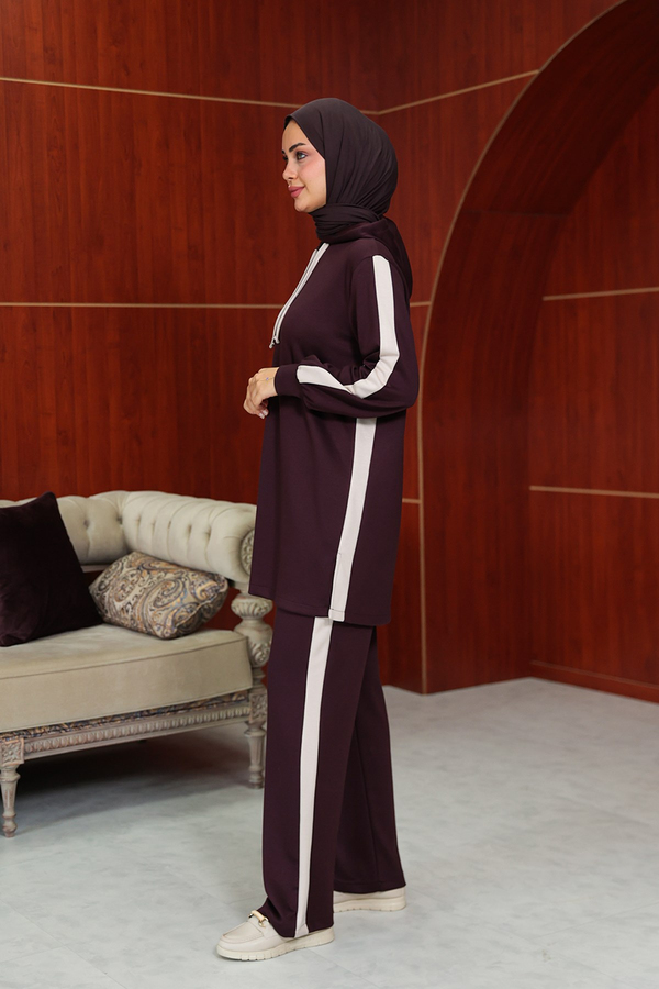 Semanur Çizgi  Detay Pantolonlu Takım - Bordo