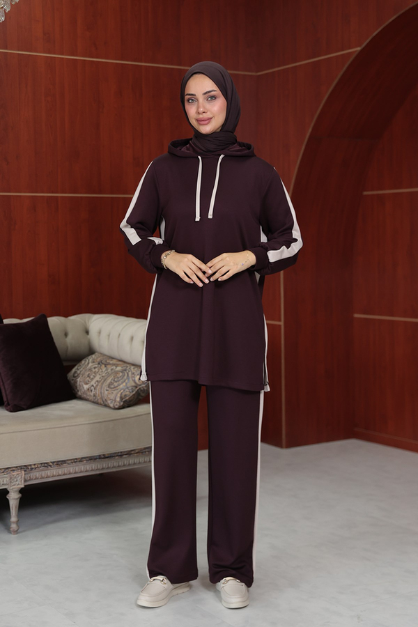 Semanur Çizgi  Detay Pantolonlu Takım - Bordo