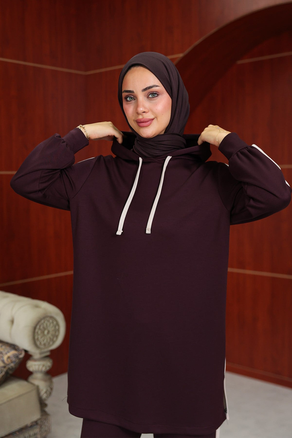 Semanur Çizgi  Detay Pantolonlu Takım - Bordo