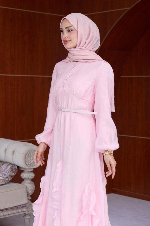 Sevinç Fırfır Detay Elbise - Pembe