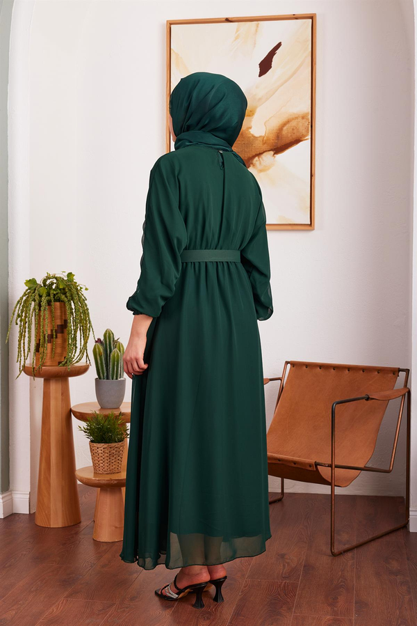 Şifon Kemerli Elbise - Zümrüt Yeşil