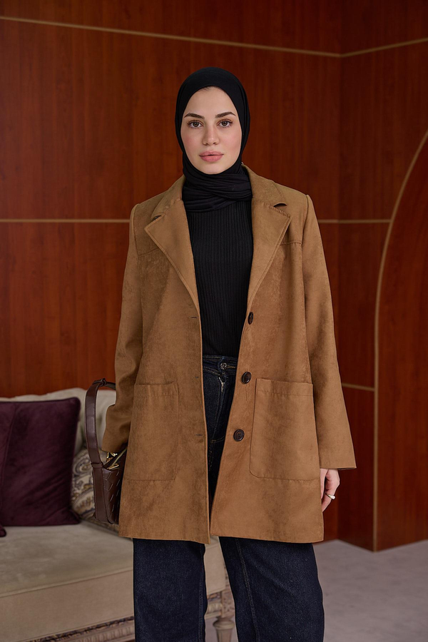 SÜET BLAZER CEKET - Taba