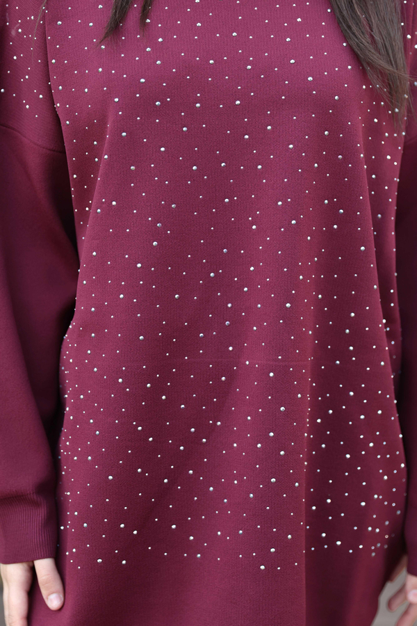 Taş Baskı İşlemeli Tunik - Bordo