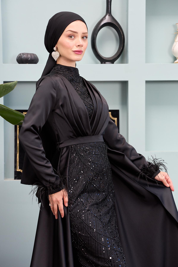 Taş Detaylı Pelerinli Abiye - Siyah