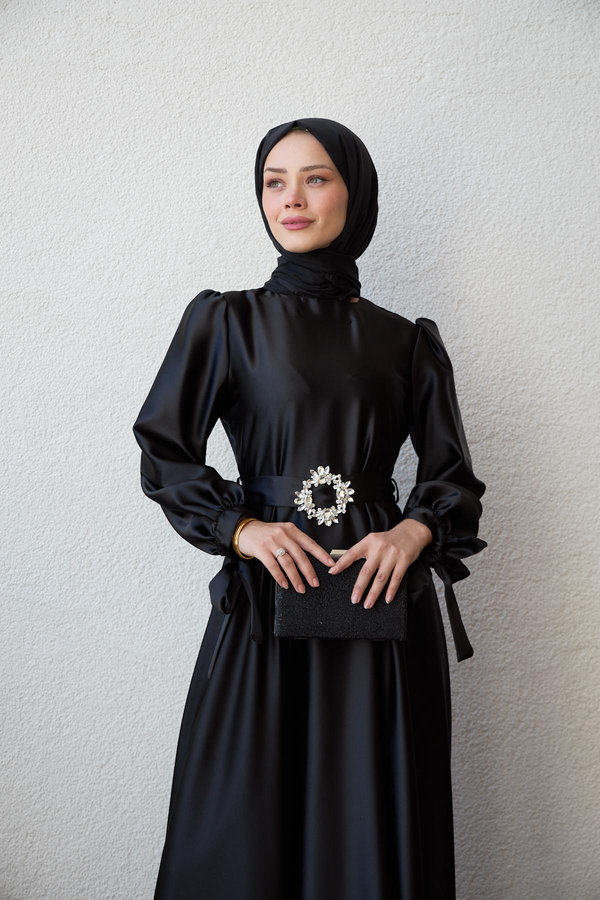 Taş Kemerli Saten Abiye - Siyah