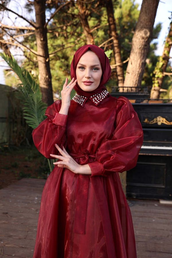 Taşlı Organze Abiye -  Bordo