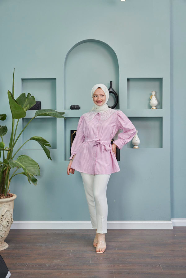 Yaka Detaylı Bel Bağlamalı Gömlek - Pembe