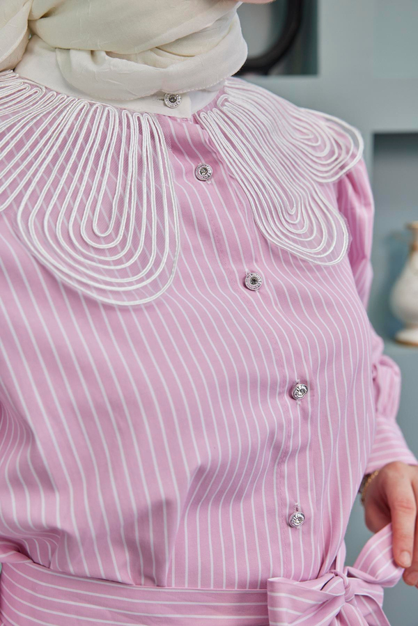 Yaka Detaylı Bel Bağlamalı Gömlek - Pembe