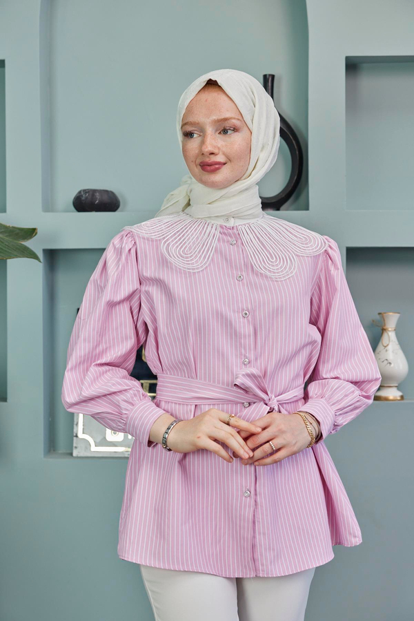 Yaka Detaylı Bel Bağlamalı Gömlek - Pembe