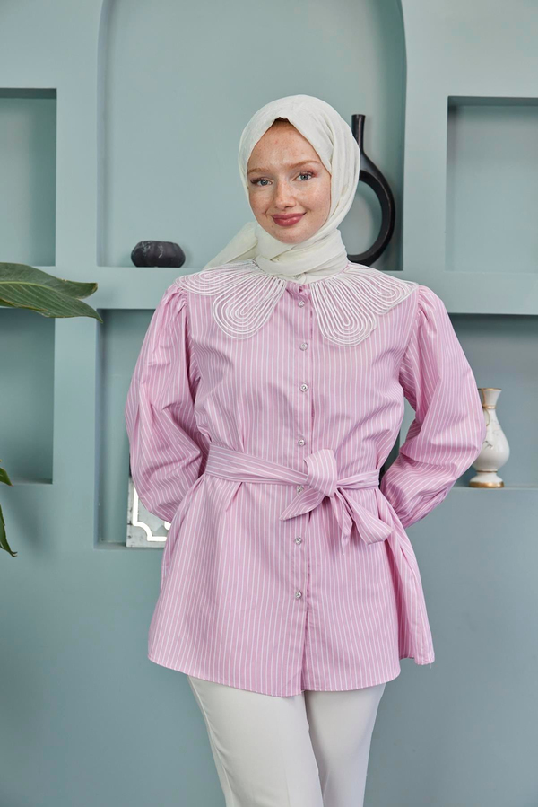 Yaka Detaylı Bel Bağlamalı Gömlek - Pembe