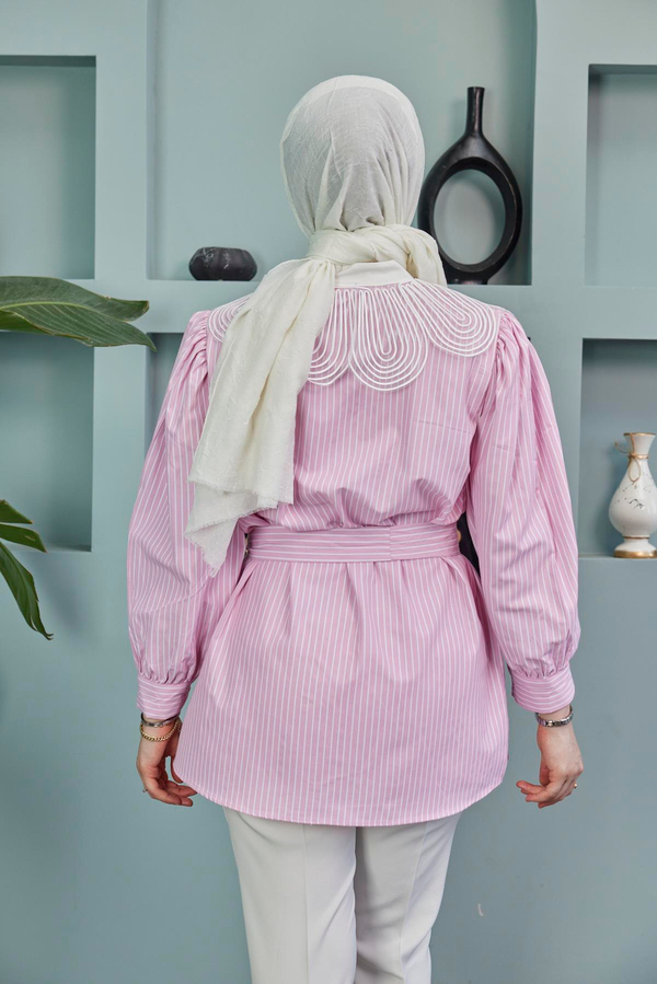 Yaka Detaylı Bel Bağlamalı Gömlek - Pembe