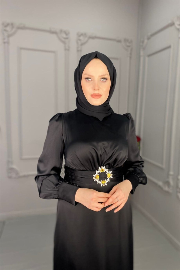 Zarif Saten Elbise - Siyah
