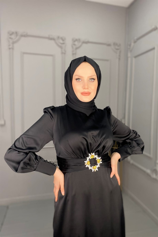 Zarif Saten Elbise - Siyah