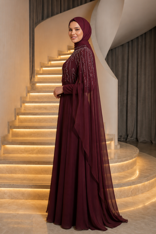 Zümrüt Taş İşleme Pelerin Abiye - Bordo