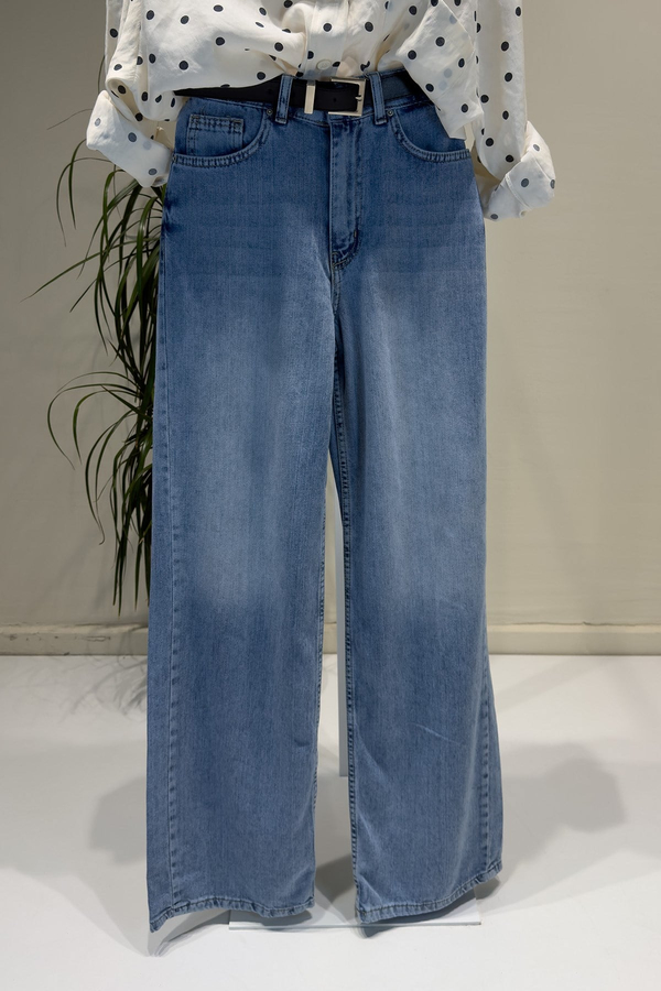 Açık Mavi Wide Loose Beli Lastikli Denim Pantolon