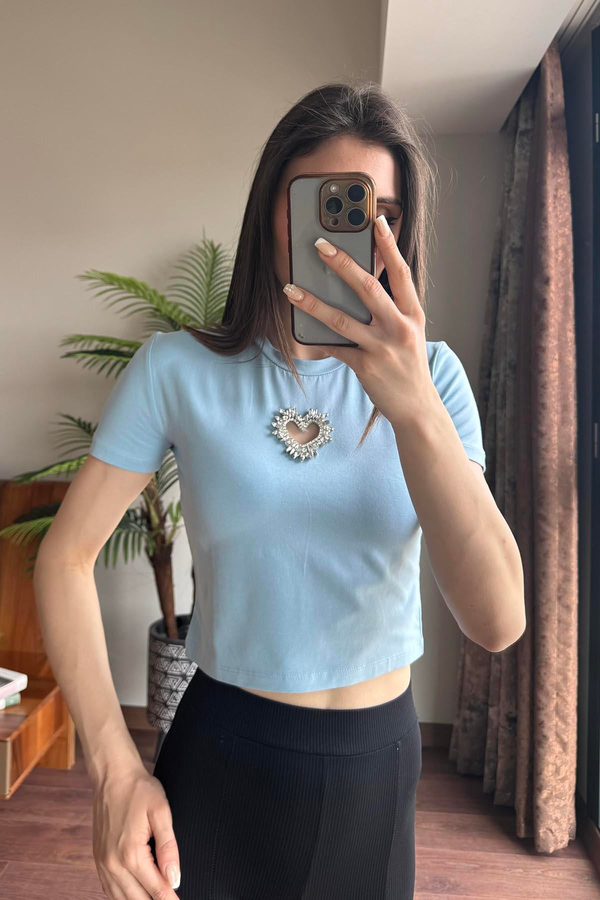 Bebe Mavisi Taş Kalp İşlemeli Crop T Shirt
