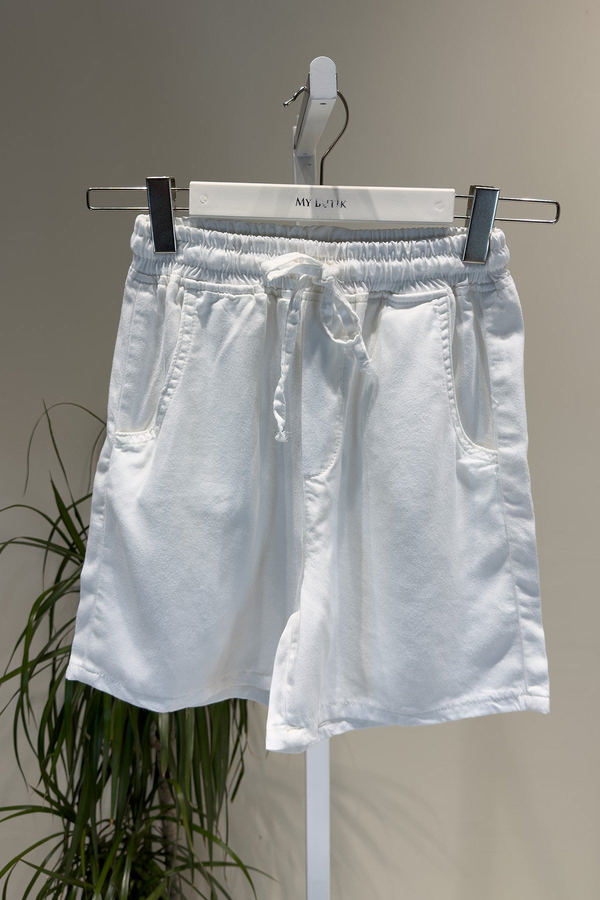 Beyaz Beli Lastikli Tencel Şort
