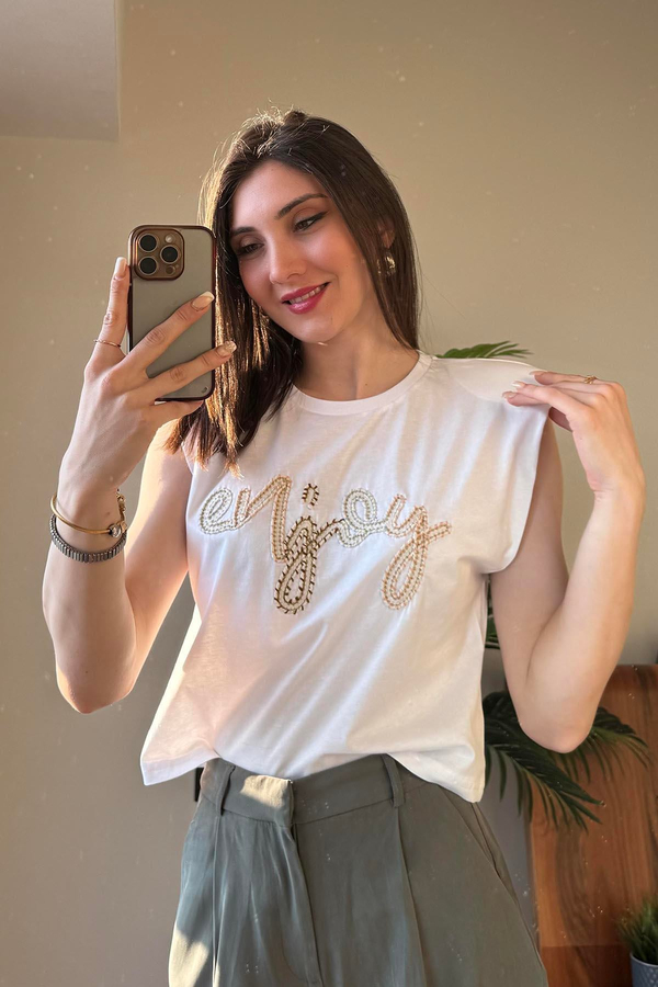Beyaz Enjoy Nakışlı T Shirt