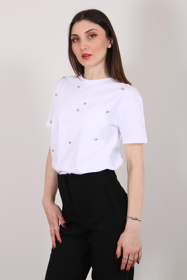 Beyaz Taşlı T Shirt