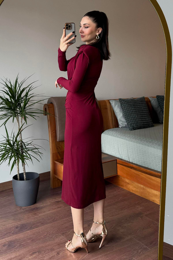 Bordo Güneş Tokalı Drape Detaylı Elbise